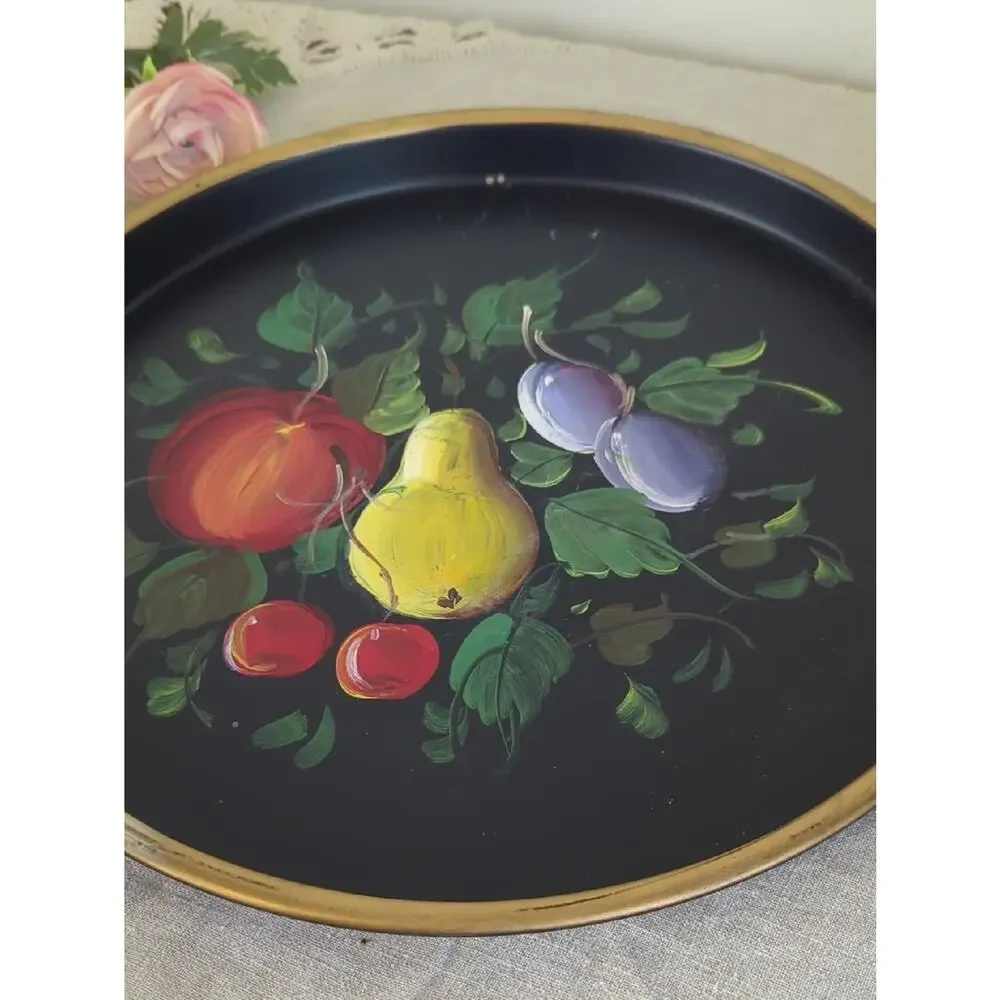 Vintage Handpainted Tole Style   Black Lacquer Metal Serving Tray Wall Decor